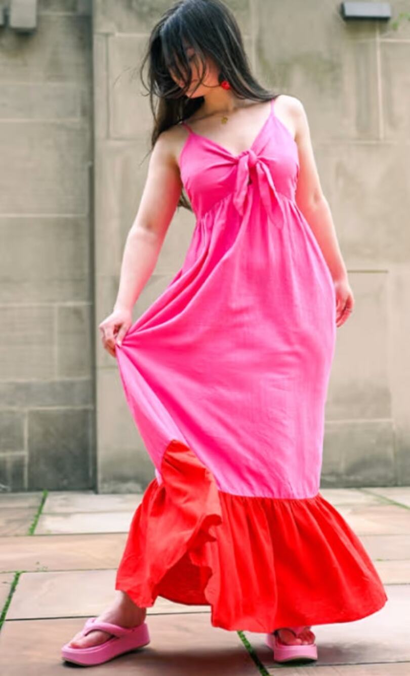 Tabitha Brown Target Linen Tie-Front Maxi Dress Pink Red Size Small